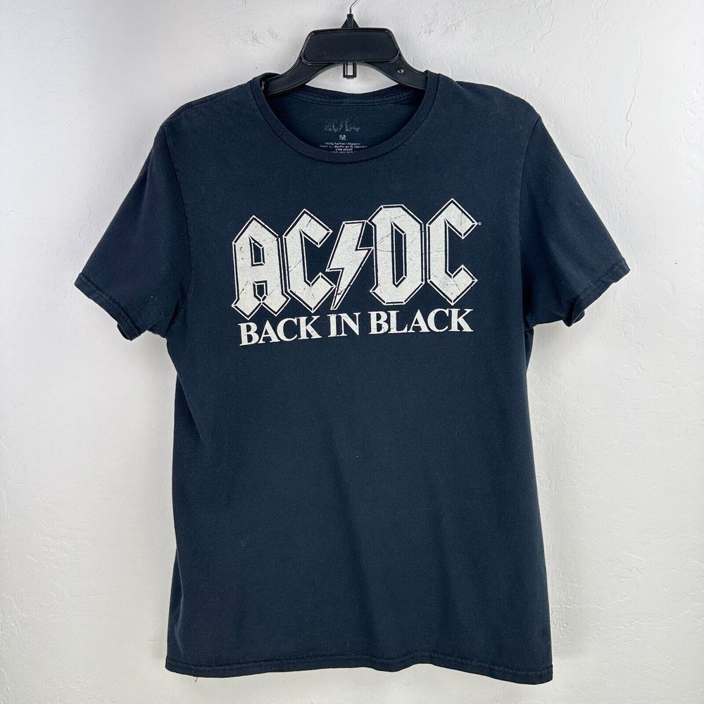 ACDC Mens Tshirt Medium Black White Cotton‎ Back In Black Rock Band Graphic T